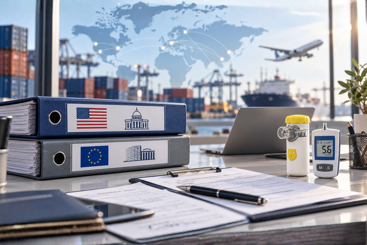 U.S. and EU document binders beside a nebulizer and hemoglobin meter, with a shipping port in the background