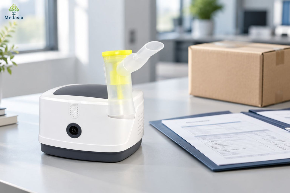 Nebulizer beside shipping carton and medical device documentation