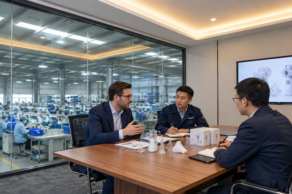 Overseas medical device buyer negotiating MOQ and purchasing terms with Chinese suppliers in a factory meeting room.