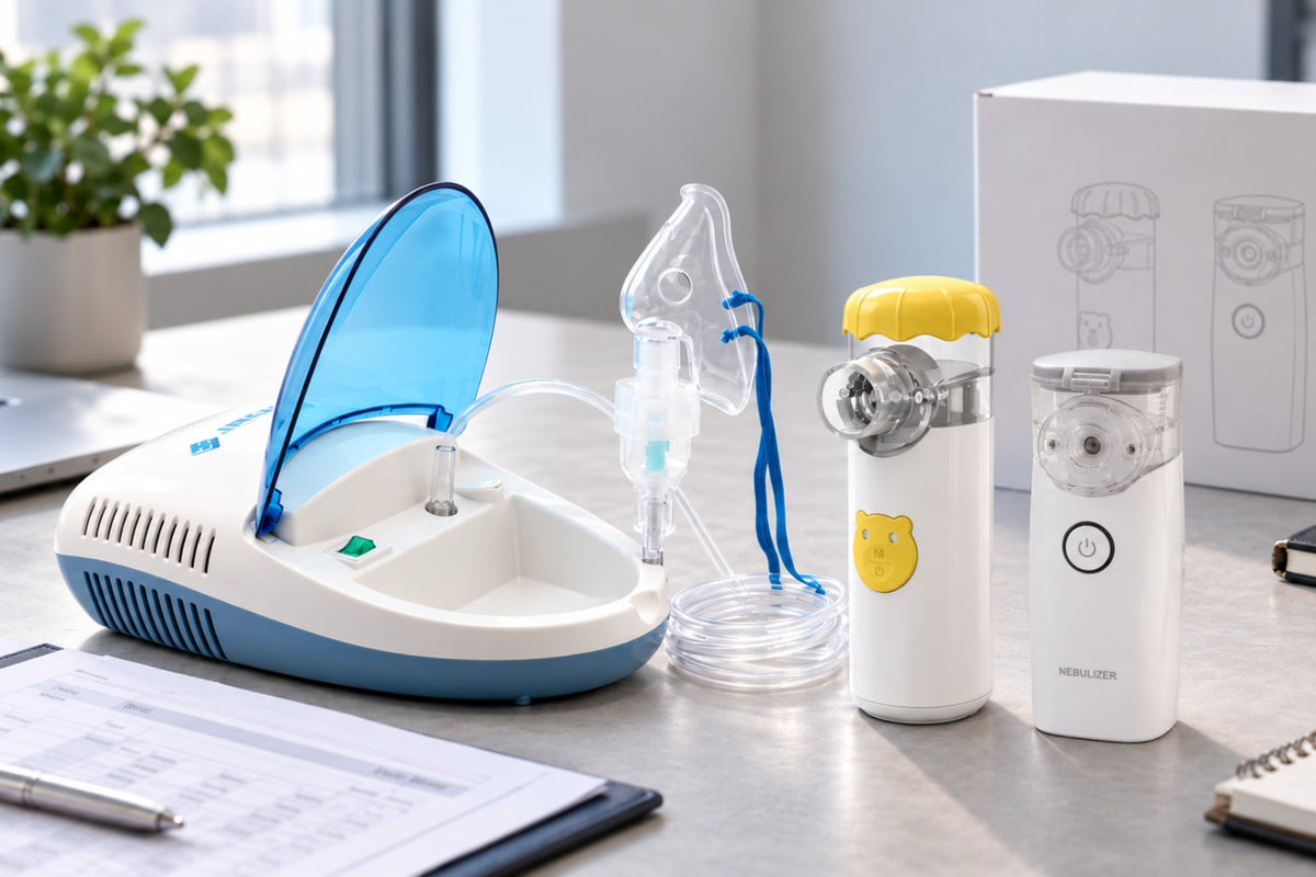 Mesh and compressor nebulizers displayed side by side for medical device sourcing and distributor comparison.