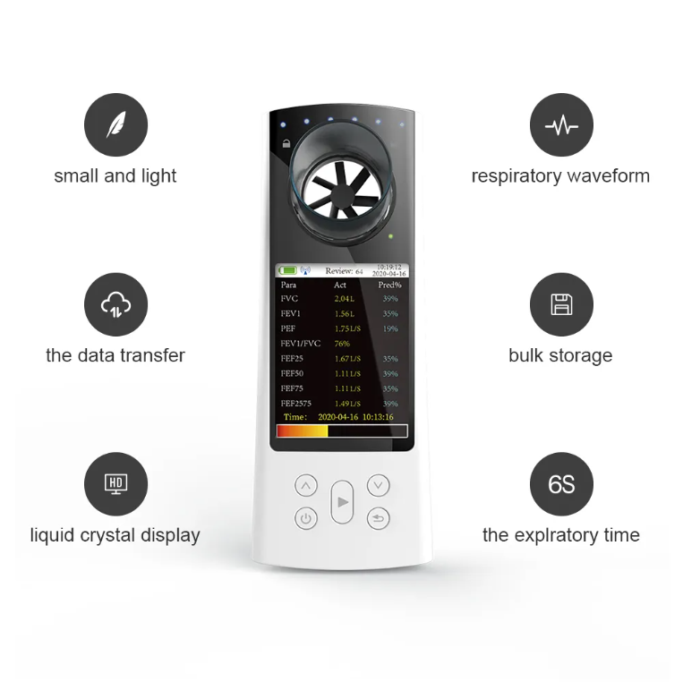 Portable digital Bluetooth spirometer with LCD display for lung function testing and data transfer.
